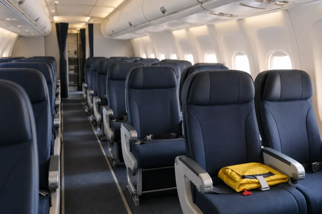 Empty generic cabin mock-up with navy seats and a folded life jacket.