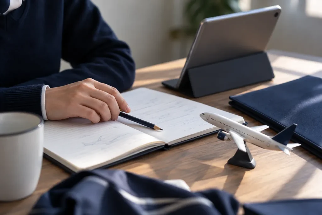 Notebook, tablet and model aircraft on a study desk.