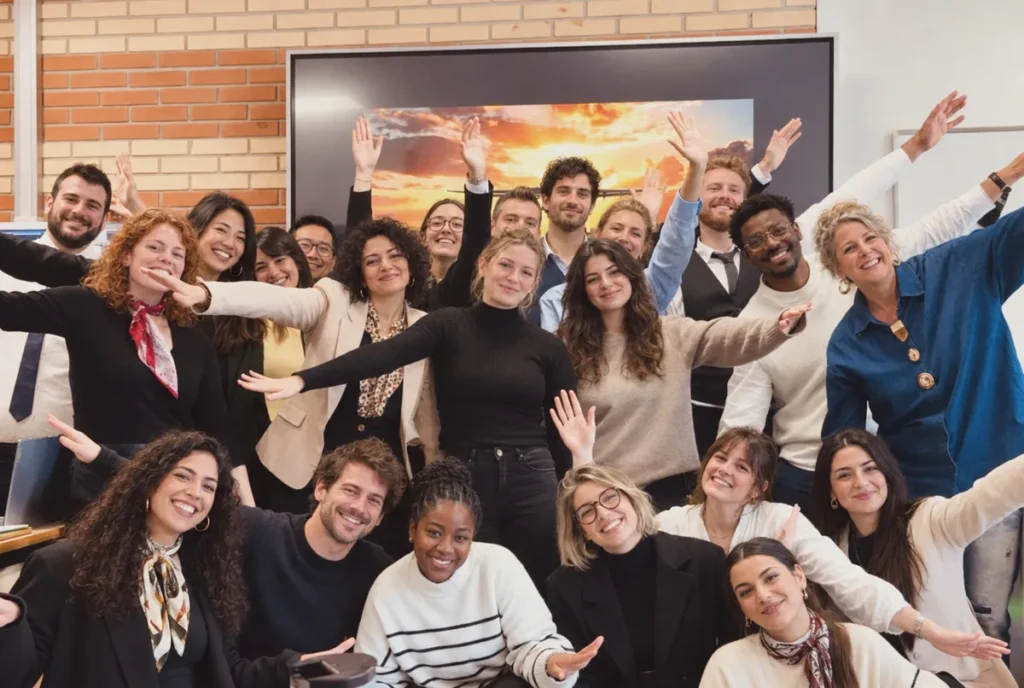 A cabin crew training group shares a cheerful moment in the classroom.