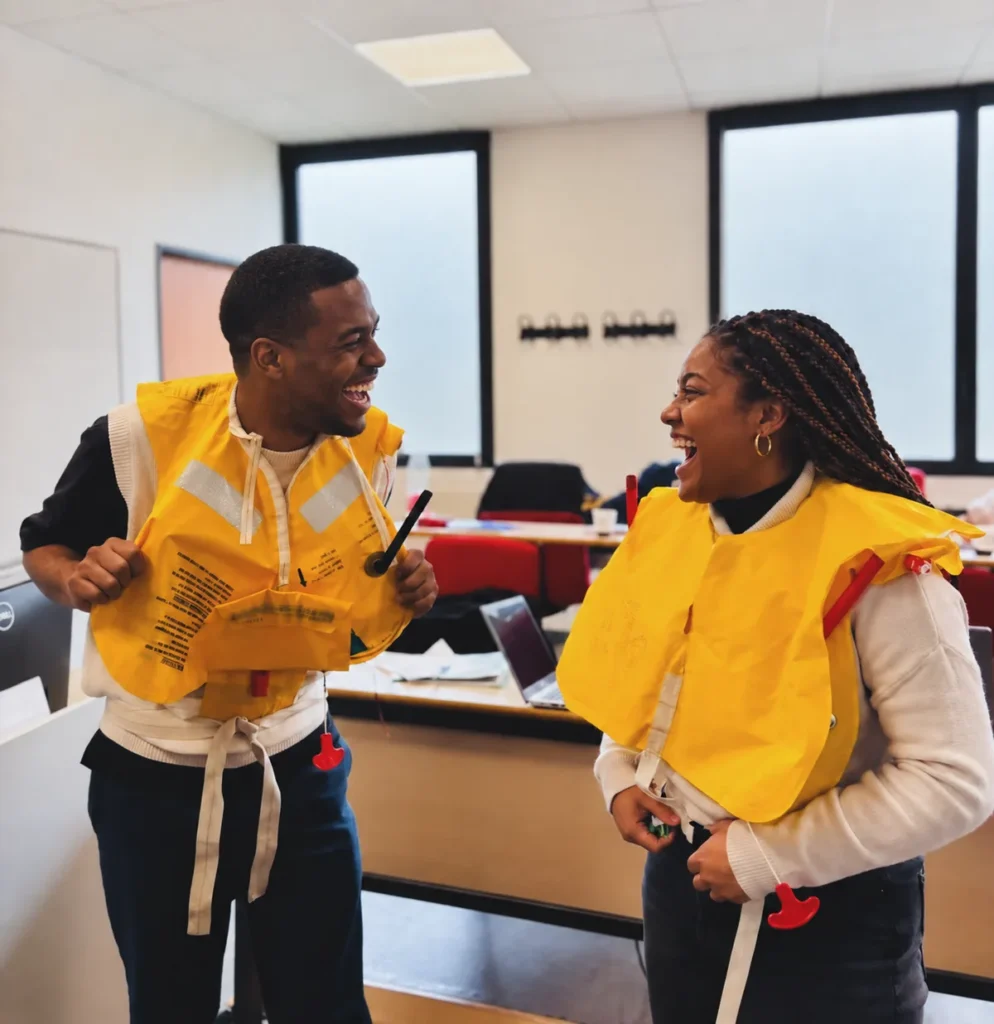 Two trainees laugh together during a lifejacket exercise in a classroom.