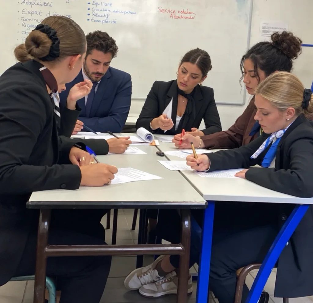 Five trainees work together around a table during a classroom exercise.